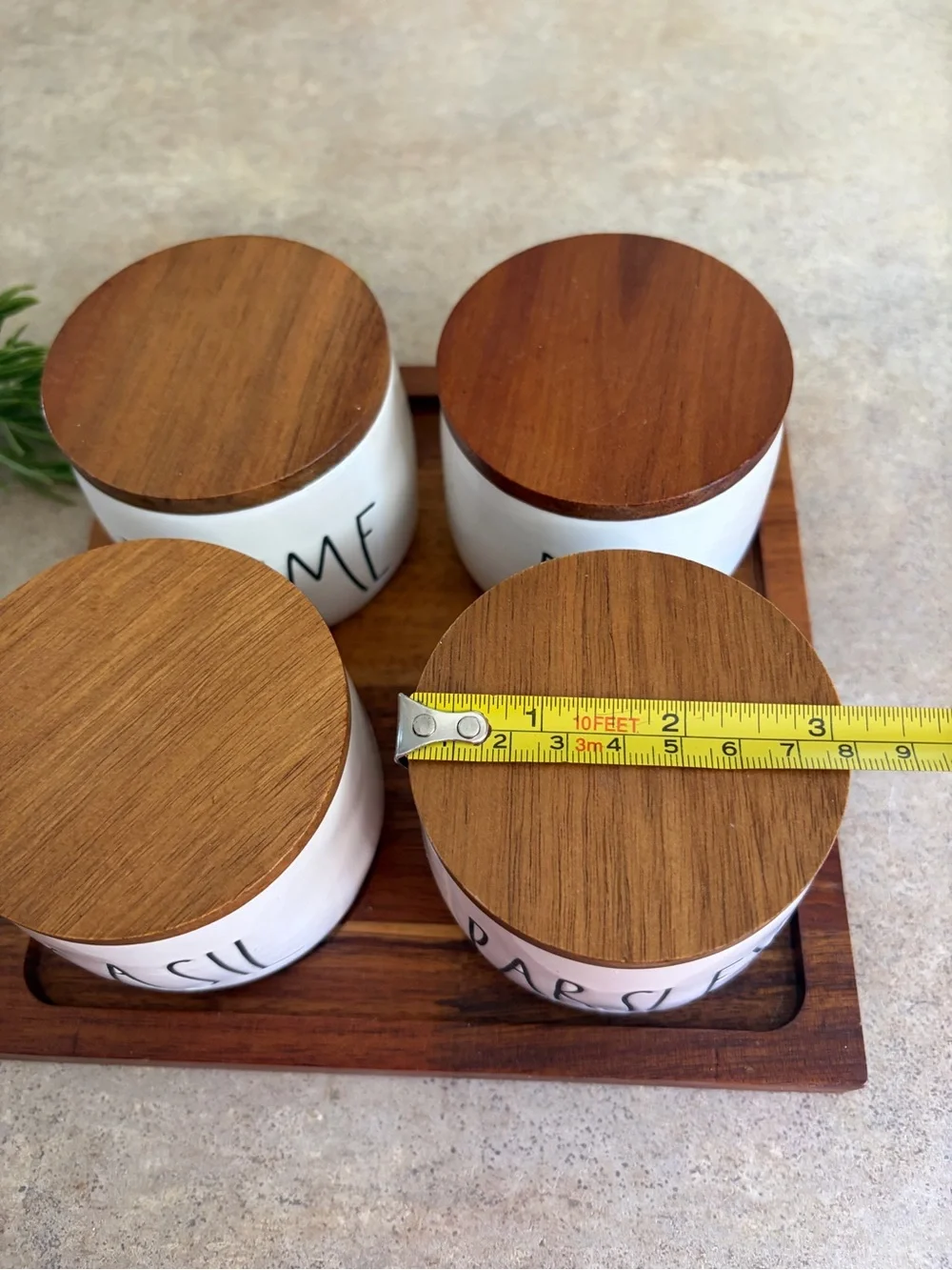 Rae Dunn White Ceramic Herb Jars with Wood Lids and Wooden Tray